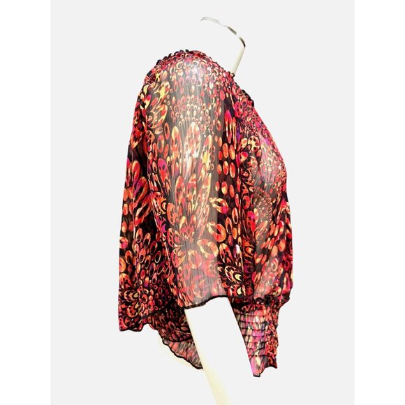 Ultra Pink Medium Sheer Flutter Sleeve Blouse Red Orange Abstract Dot Print Top - Picture 5 of 10